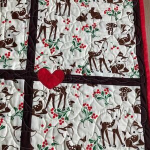 Handmade Baby Quilt Throw Decor Red Brown Woodland Friends Fawn Christmas 34x45